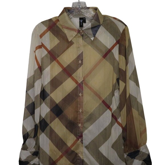 Vintage Striped Plaid Sheer Button-Down Shirt Long Sleeves Pointed Collar Size M - Picture 6 of 11